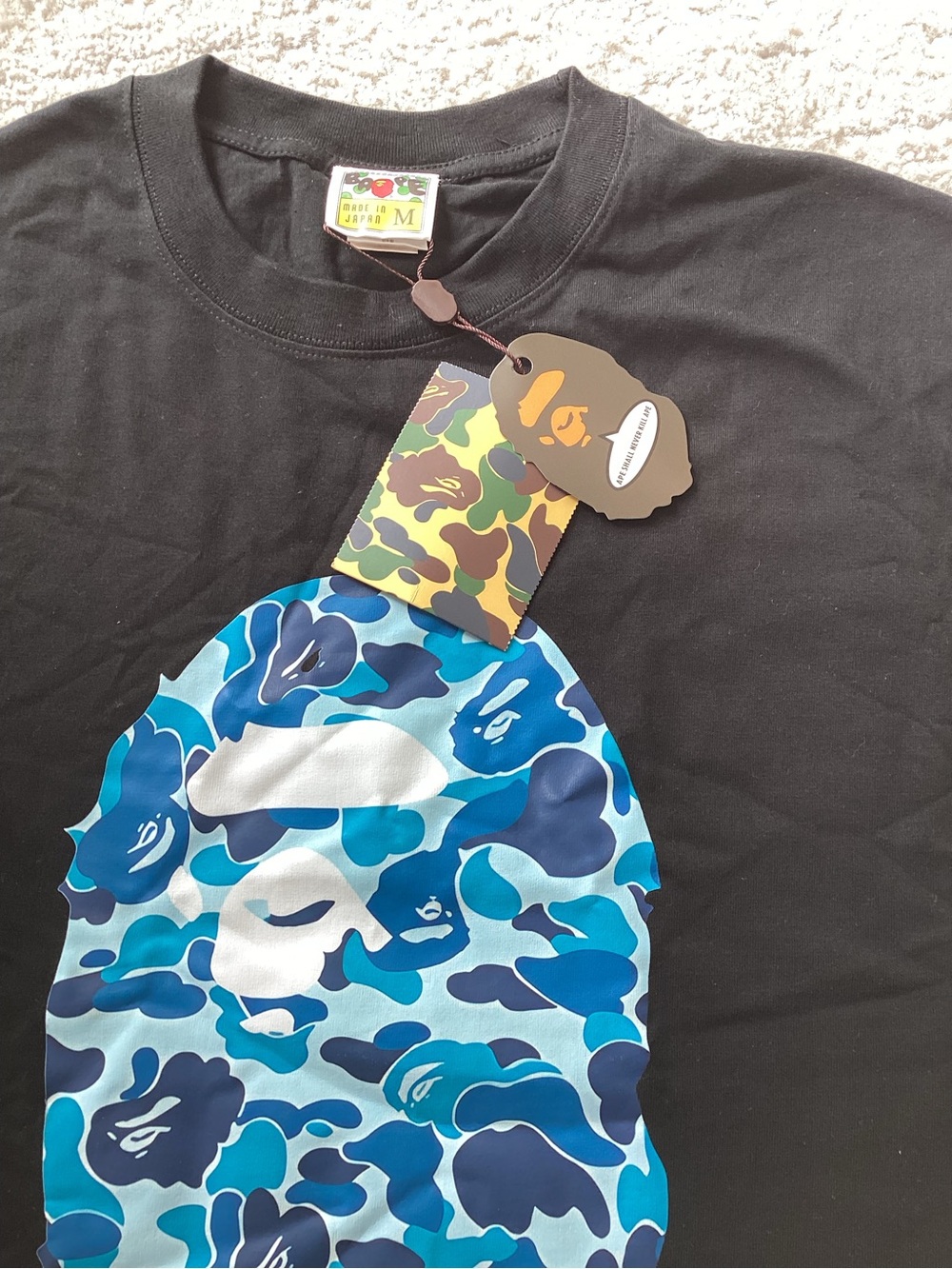 Bape Kids Black Tee with Blue Camo Ape Head - Picture 2 of 4